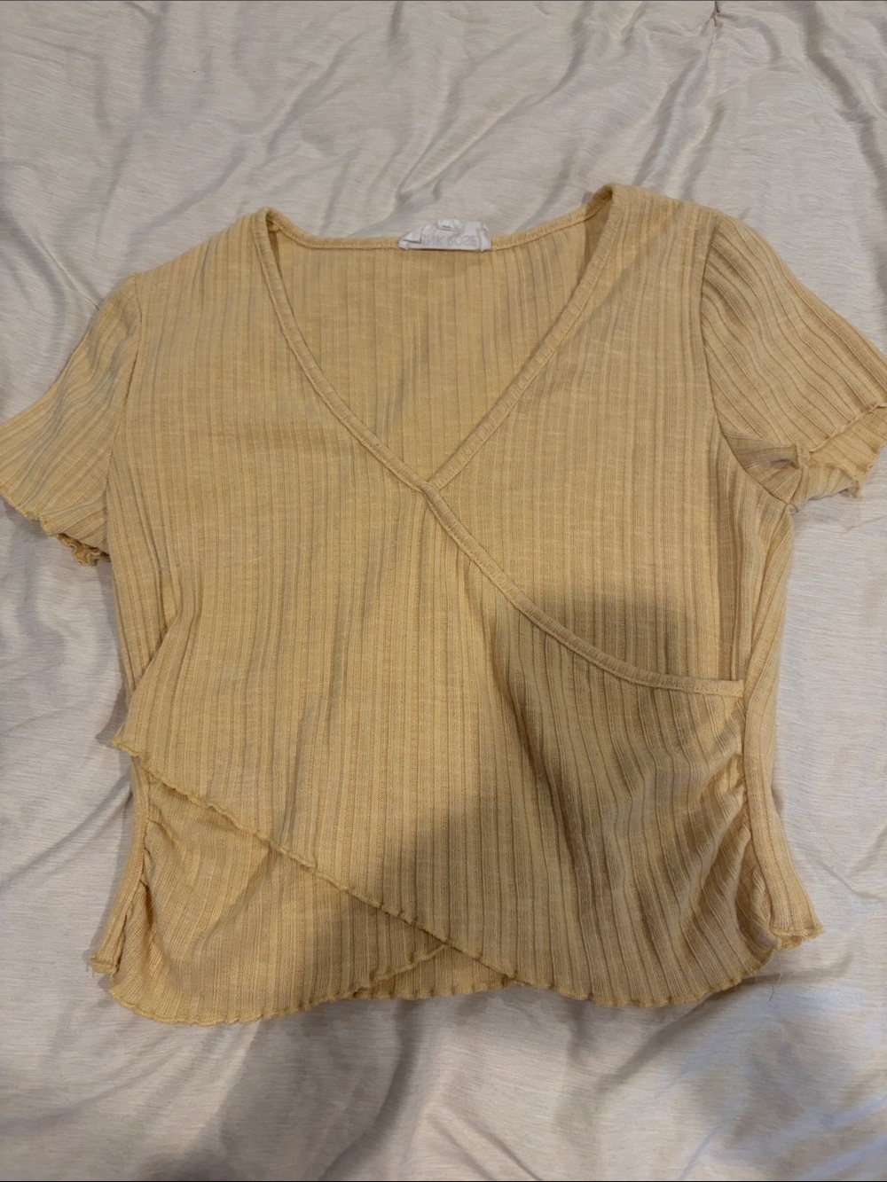 Pink Rose Ribbed Wrap-Style Crop Top in Light Mustard